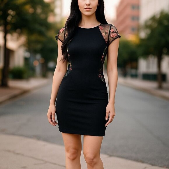 BCX Black Floral Bodycon Mini Dress - Size 5 Short Sleeve Party/Clubwear - Picture 1 of 13